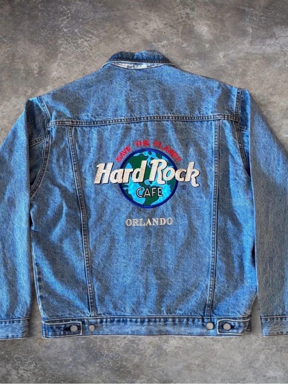 Hard Rock Cafe Embroidered Blue Denim Jacket with Globe Patch